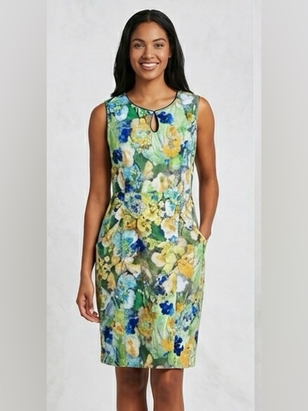 Lands' End Sleeveless Floral Midi Dress in Blue, Green & Yellow
